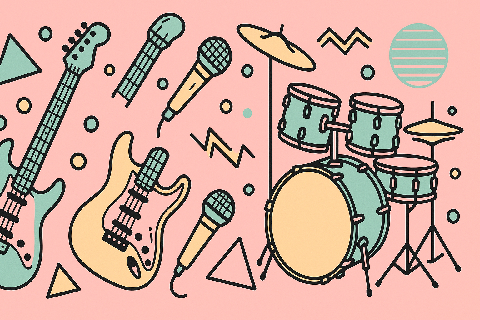 guitarras, microfonos, baterias, en estilo de los 80, con trazo negro y en colores pasteles rosado, amarillo y verde. Optimizada para backround web, en formato jpg, dimensiones 1950x500, color de fondo de la imagen rosado pastel